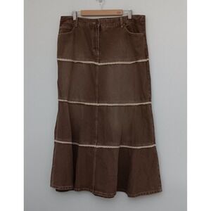 Jeanology Y2K Maxi Skirt Women's Size 18 Brown Denim Crochet Boho Western Zip
